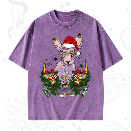 Purplehecate Christmas Moon Phase Cat Washed T-Shirt