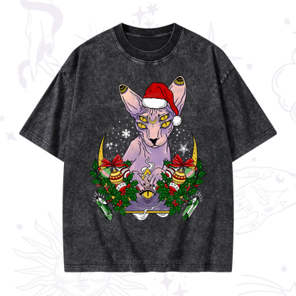 Purplehecate Christmas Moon Phase Cat Washed T-Shirt