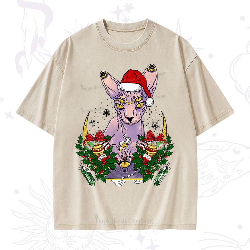 Purplehecate Christmas Moon Phase Cat Washed T-Shirt