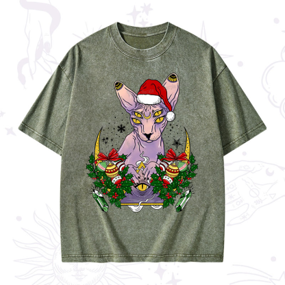 Purplehecate Christmas Moon Phase Cat Washed T-Shirt