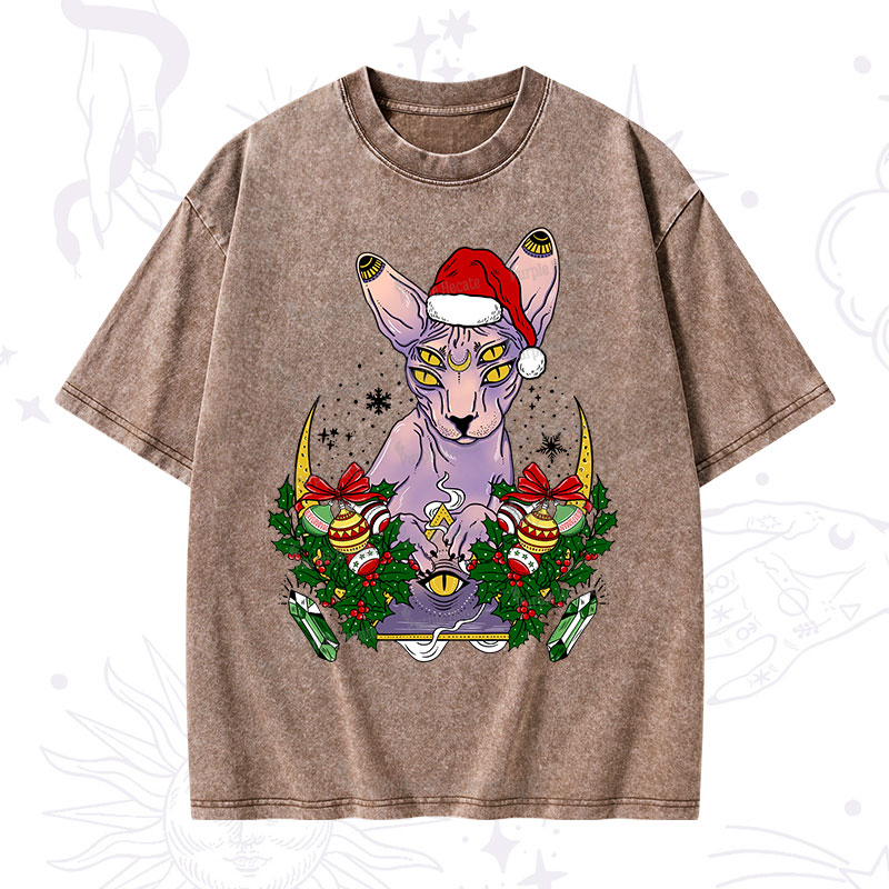 Purplehecate Christmas Moon Phase Cat Washed T-Shirt
