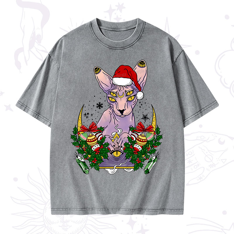 Purplehecate Christmas Moon Phase Cat Washed T-Shirt