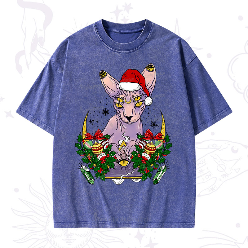 Purplehecate Christmas Moon Phase Cat Washed T-Shirt