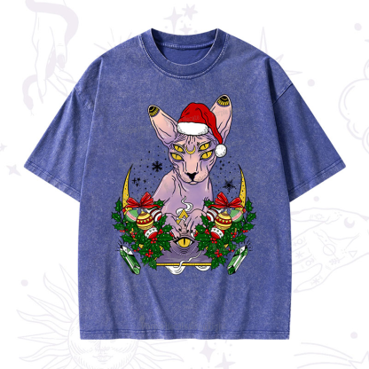 Purplehecate Christmas Moon Phase Cat Washed T-Shirt