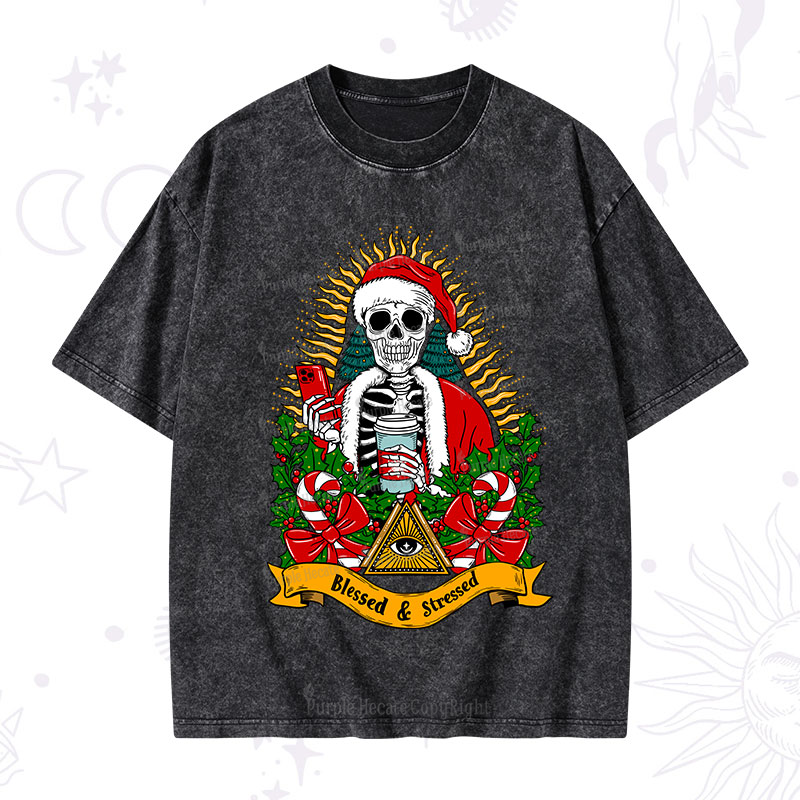 Purplehecate Christmas Blessed And Stressed Washed T-Shirt