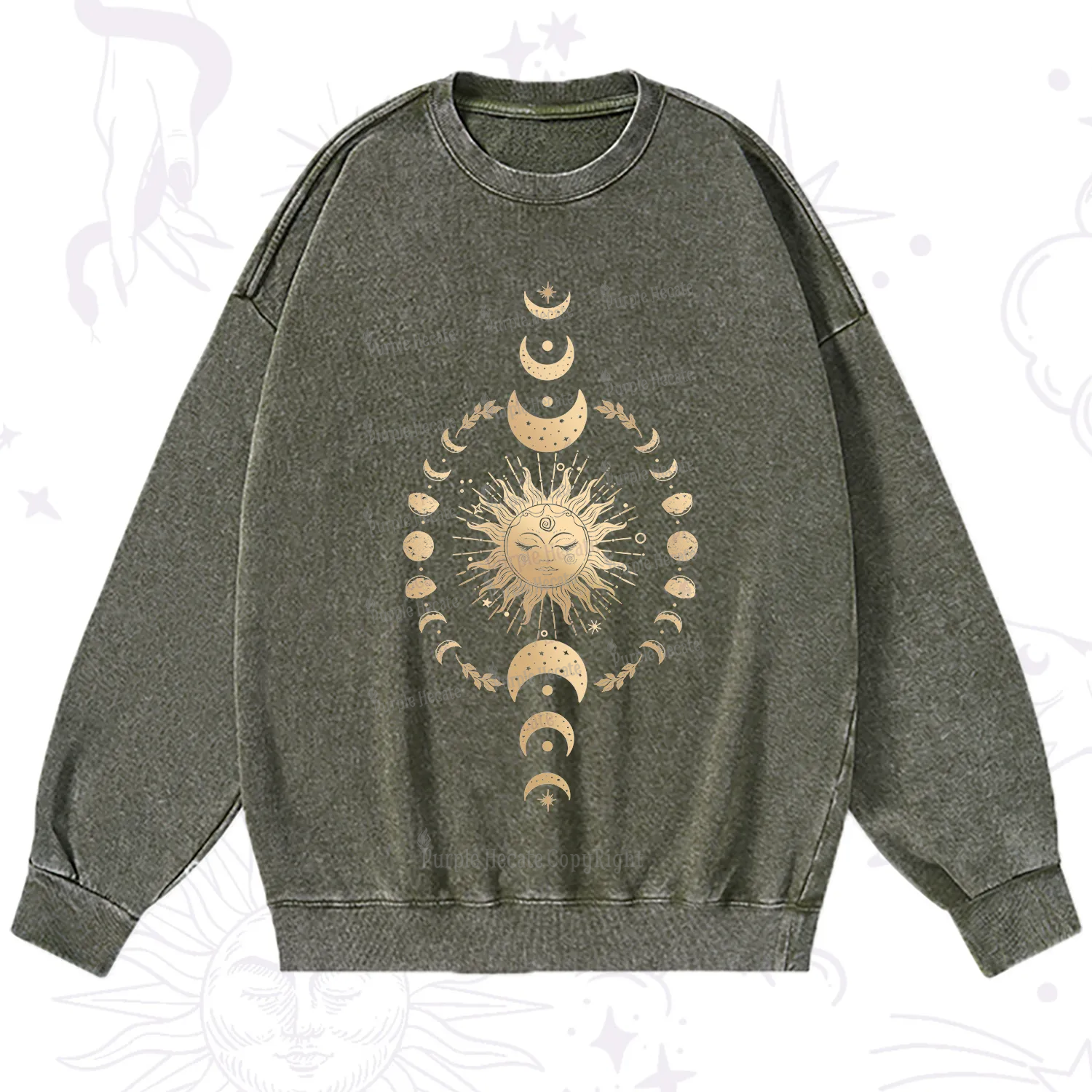 Purplehecate Celestial Sun & Moon Phases Washed Sweatshirt