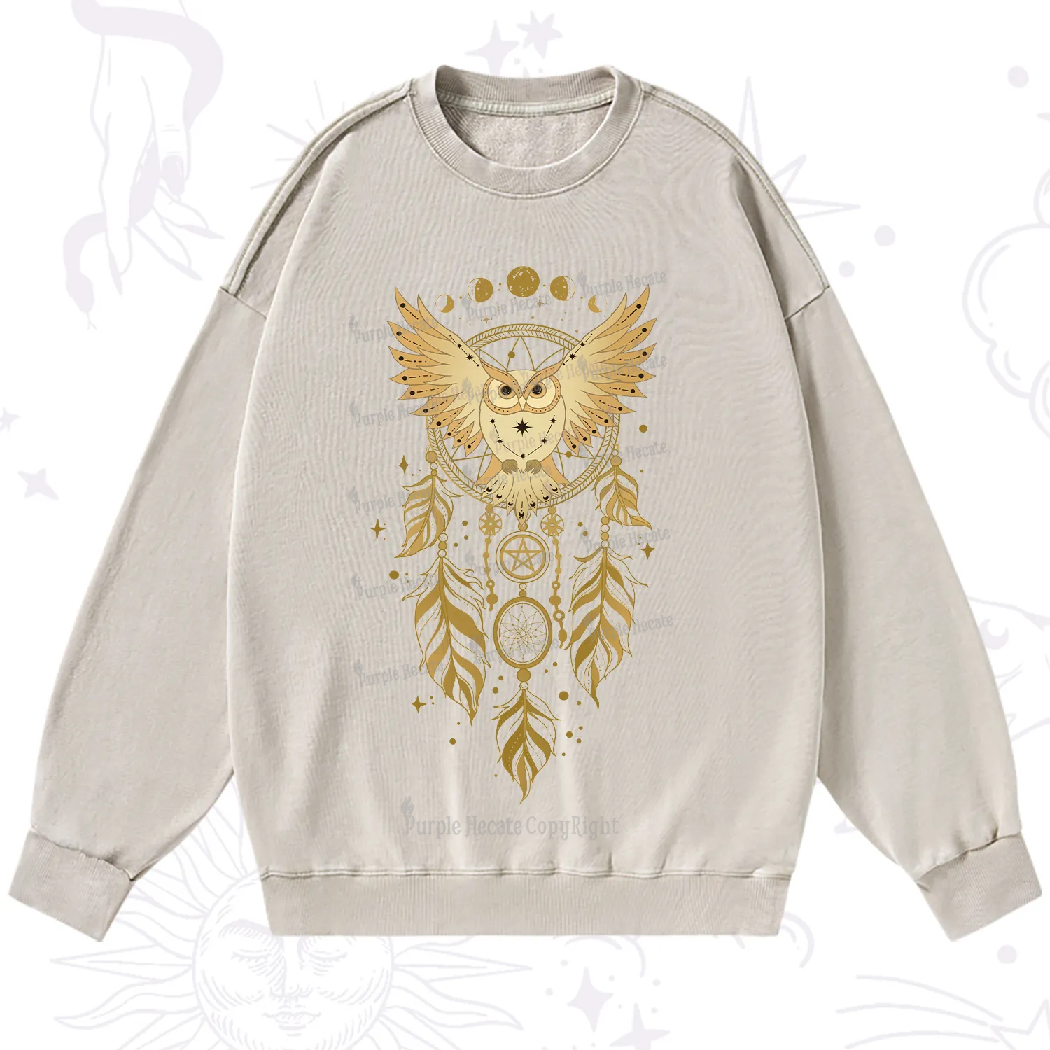 Purplehecate Mystical Owl Dreamcatcher Washed Sweatshirt