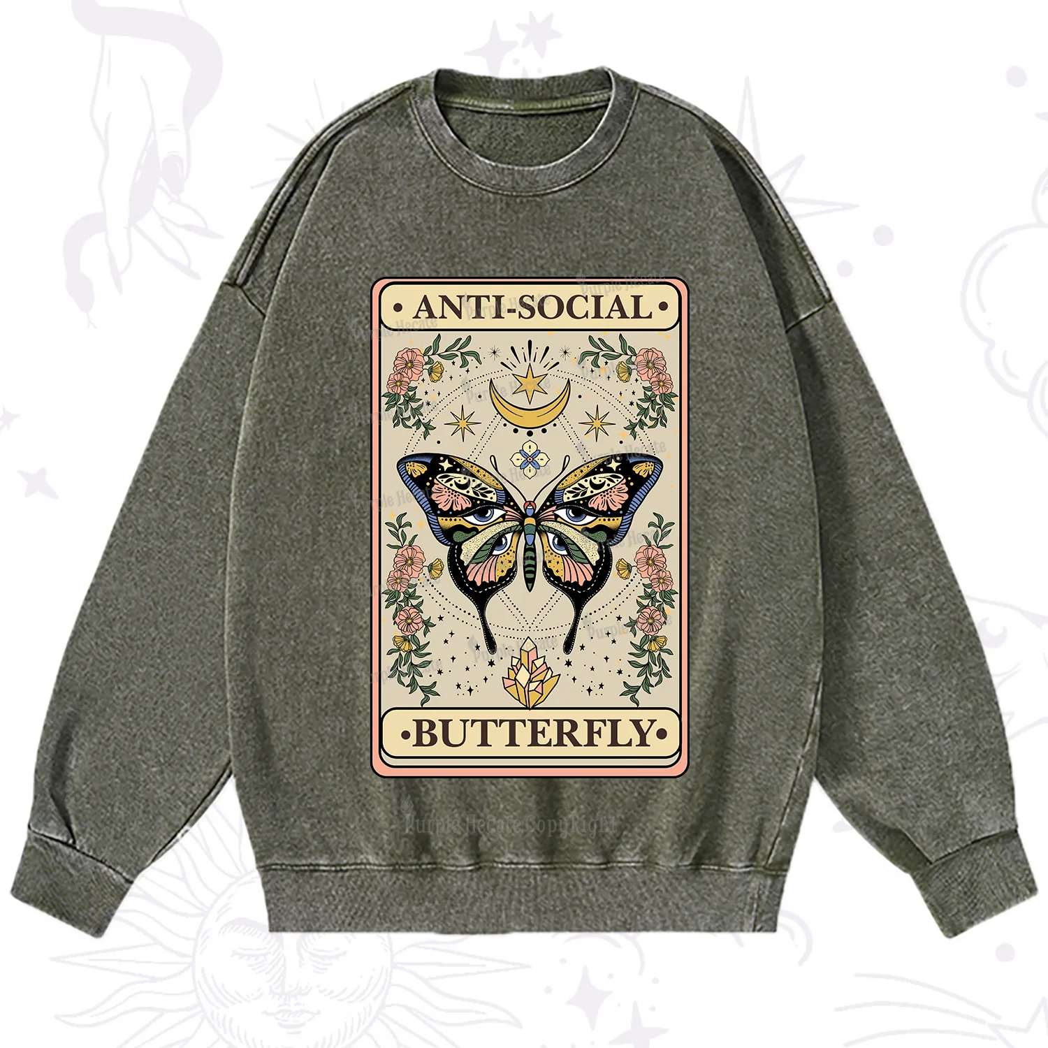 Purplehecate The Anti Social Nutterfly Oracle Card Washed Sweatshirt