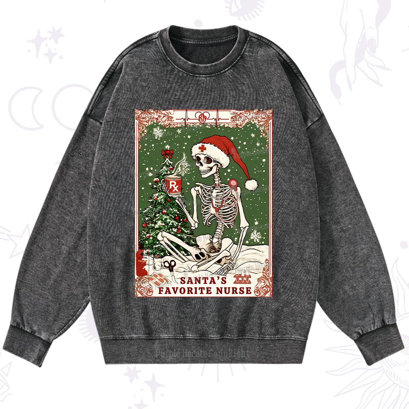 Purplehecate Christmas Santa's Favorite Nurse Tarot Washed Sweatshirt