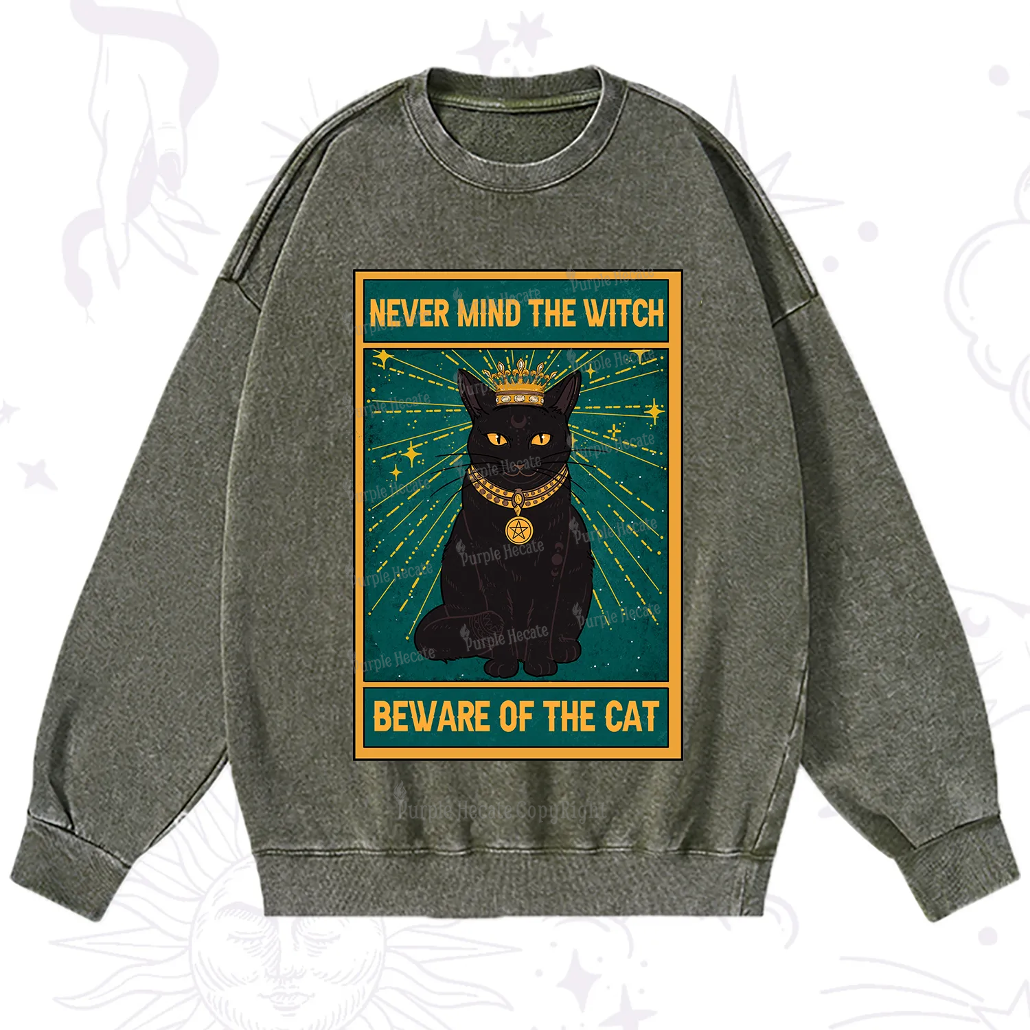 Purplehecate The Never Mind The Witch Beware Of The Cat Oracle Card Washed Sweatshirt