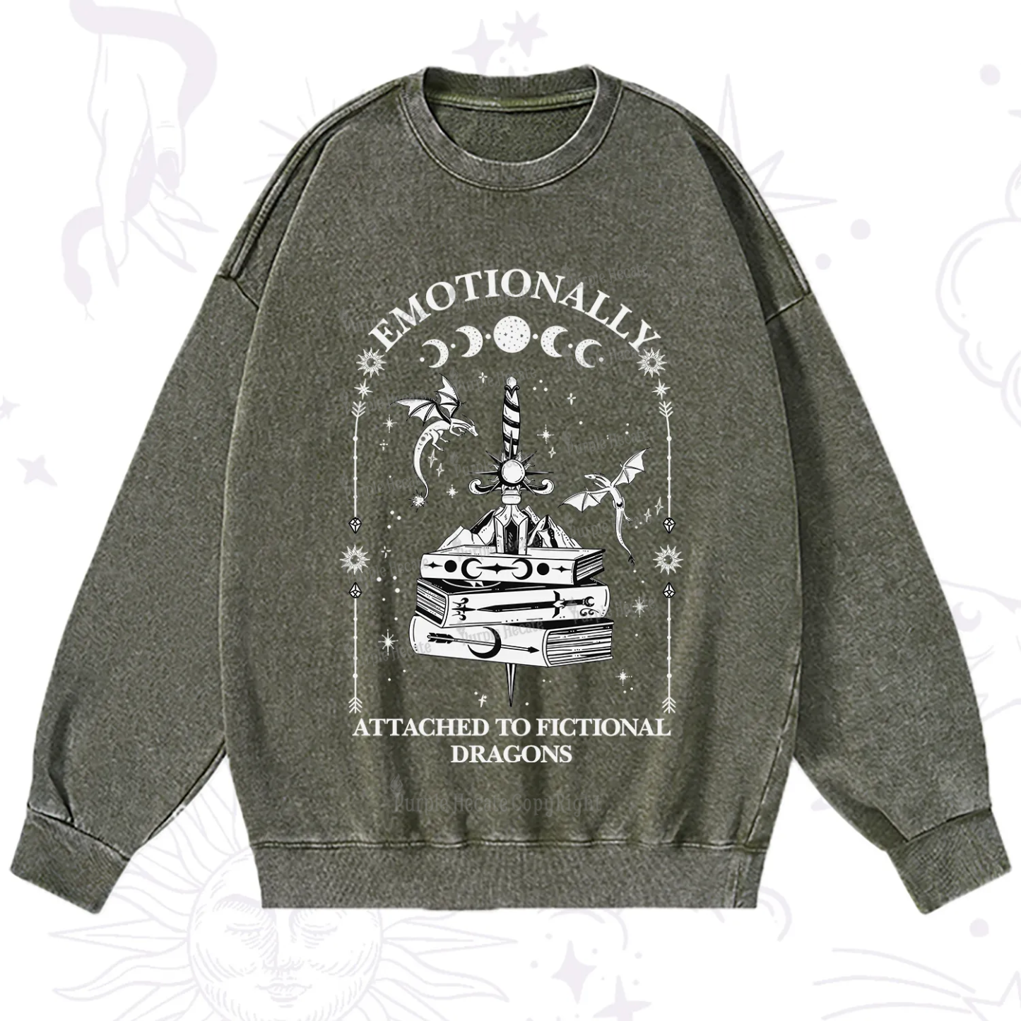 Purplehecate Emotionally Attached to Fictional Dragons Washed Sweatshirt