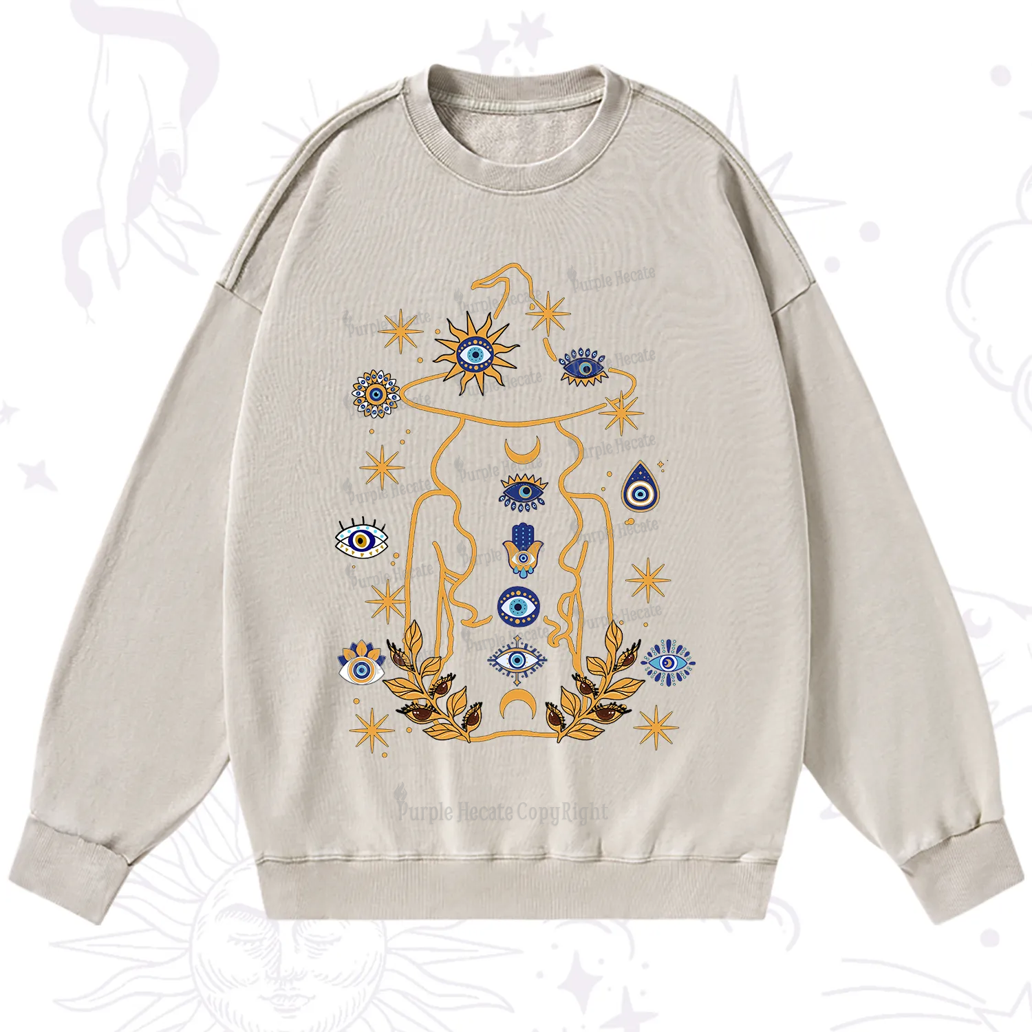 Purplehecate Evil Eye Woman Back Washed Sweatshirt