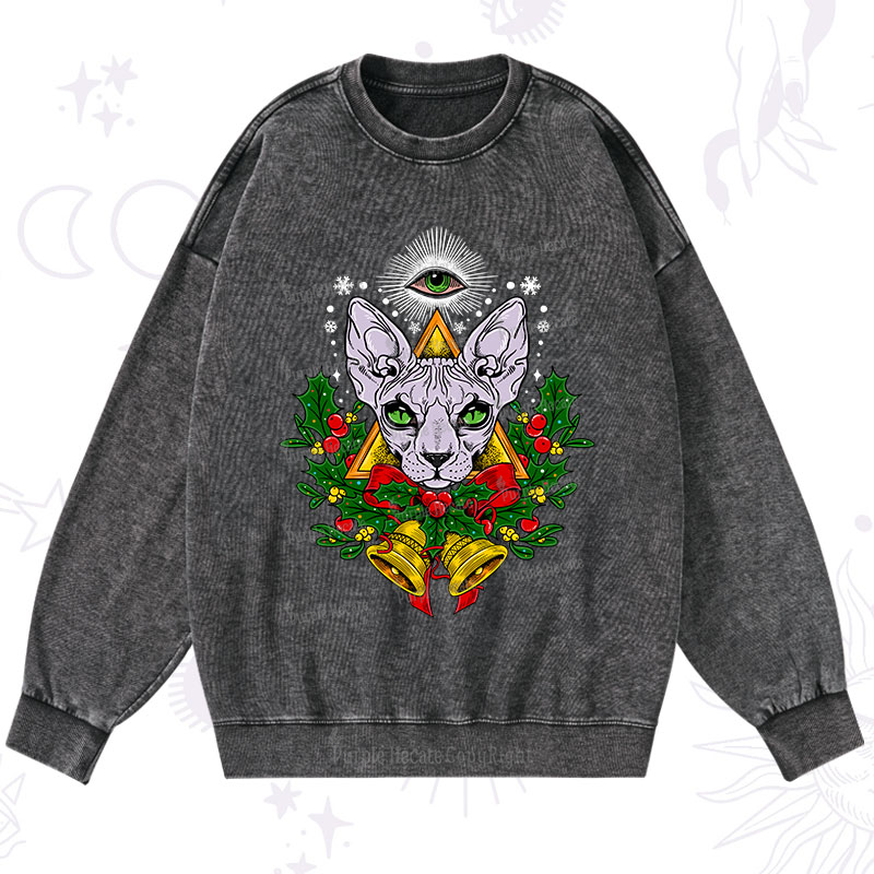 Purplehecate Christmas Mystical Cat Washed Sweatshirt