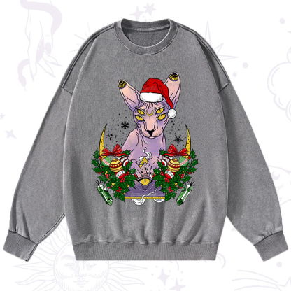 Purplehecate Christmas Moon Phase Cat Washed Sweatshirt