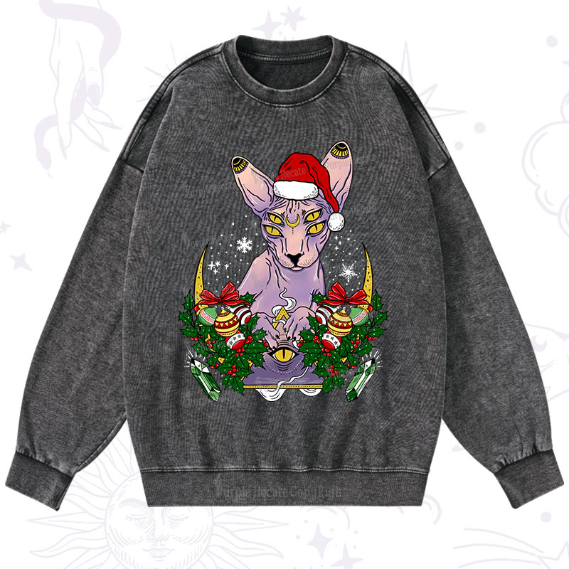 Purplehecate Christmas Moon Phase Cat Washed Sweatshirt