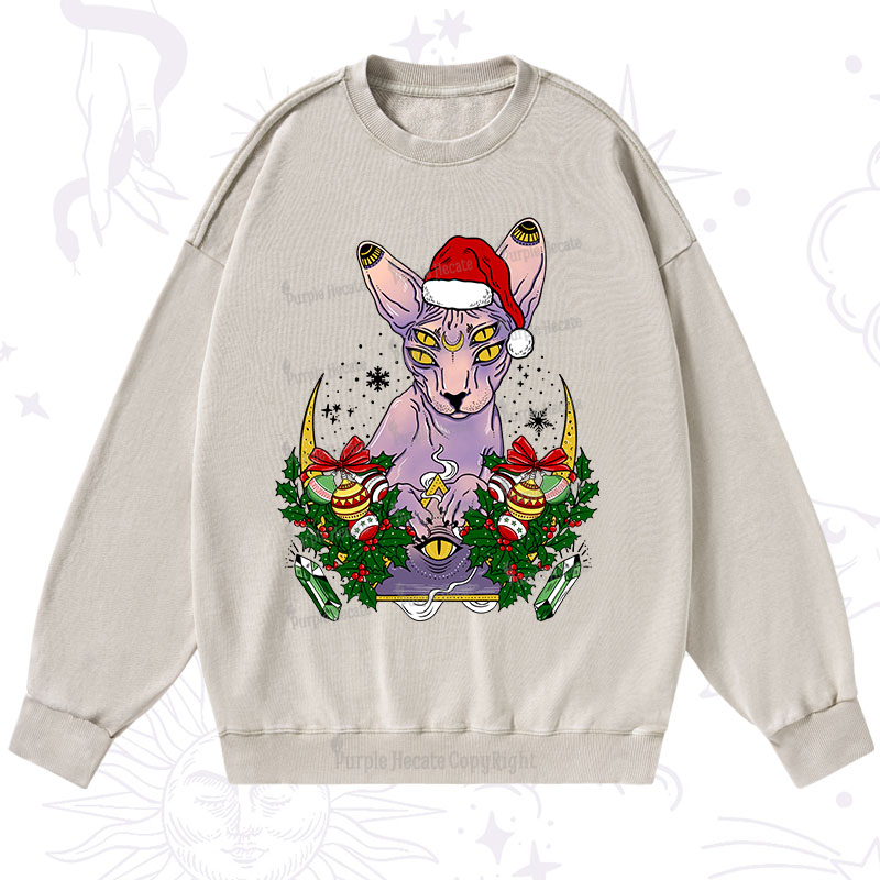 Purplehecate Christmas Moon Phase Cat Washed Sweatshirt
