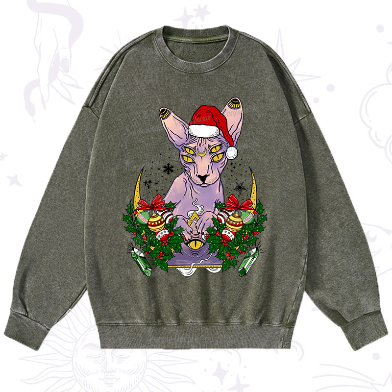 Purplehecate Christmas Moon Phase Cat Washed Sweatshirt