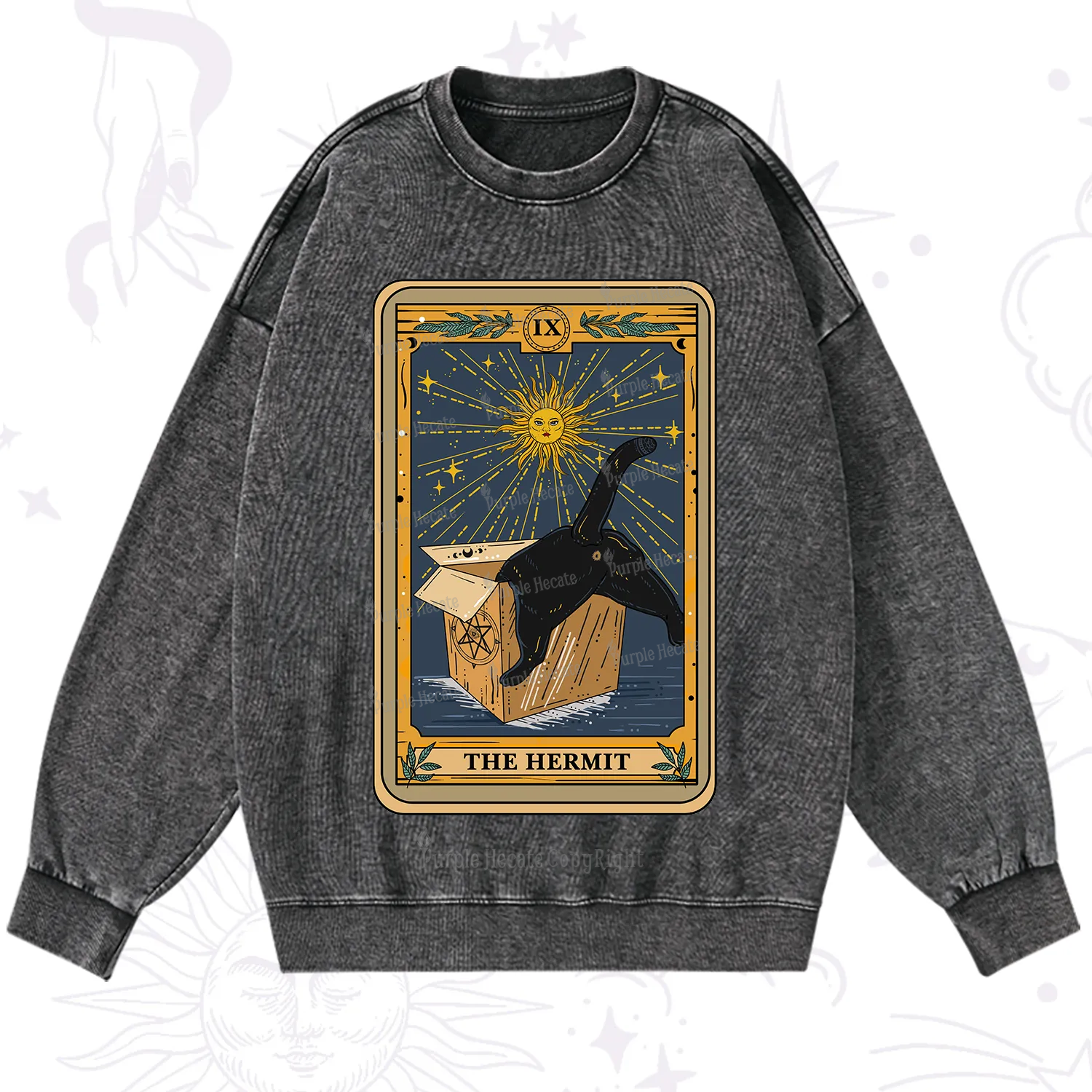 Purplehecate The Cardboard Hermit Cat Tarot Washed Sweatshirt