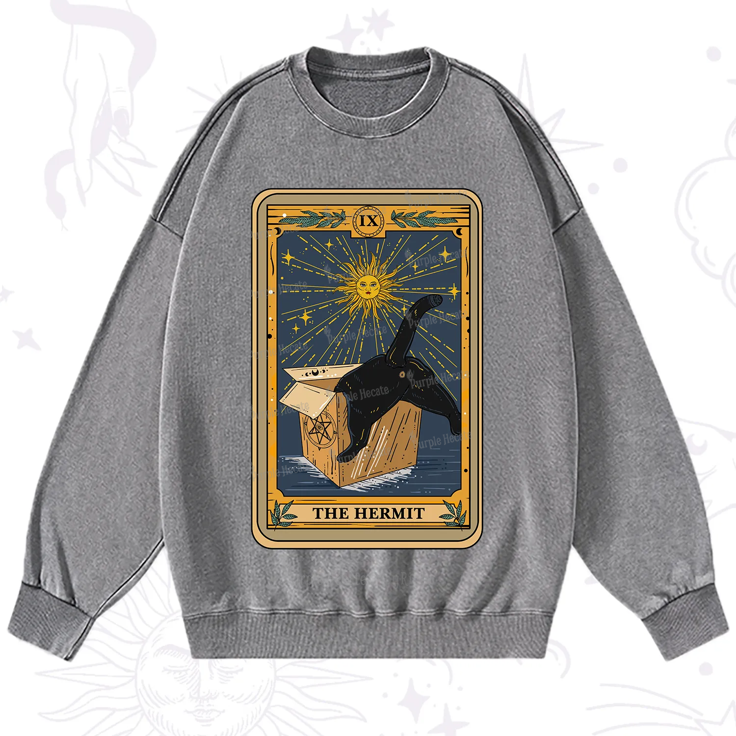 Purplehecate The Cardboard Hermit Cat Tarot Washed Sweatshirt
