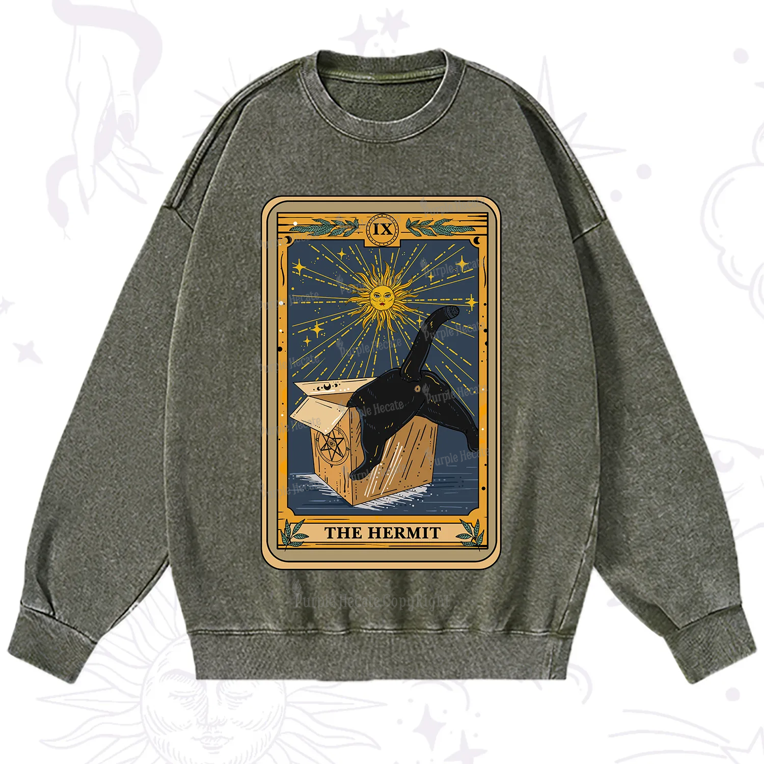 Purplehecate The Cardboard Hermit Cat Tarot Washed Sweatshirt