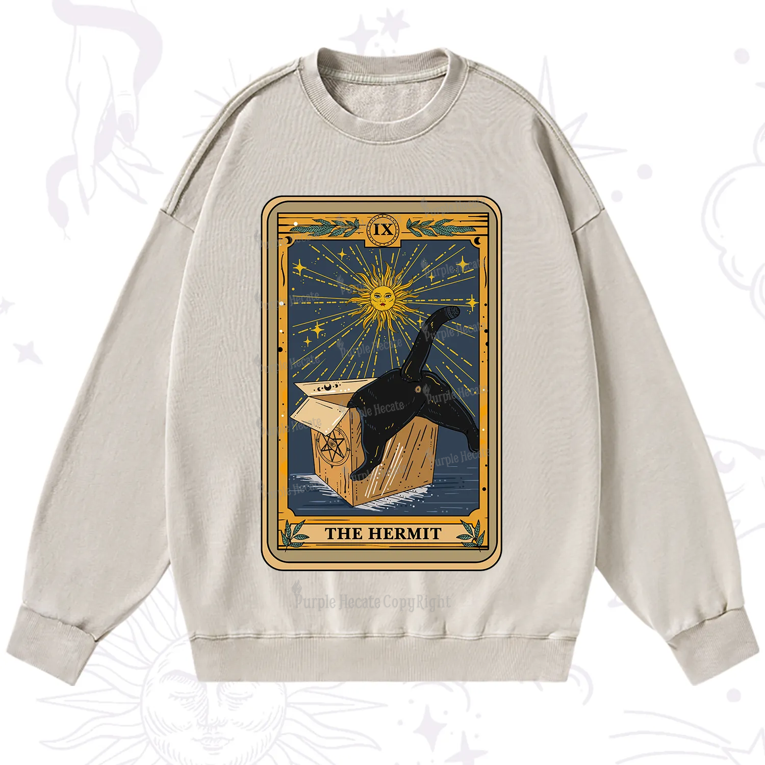 Purplehecate The Cardboard Hermit Cat Tarot Washed Sweatshirt