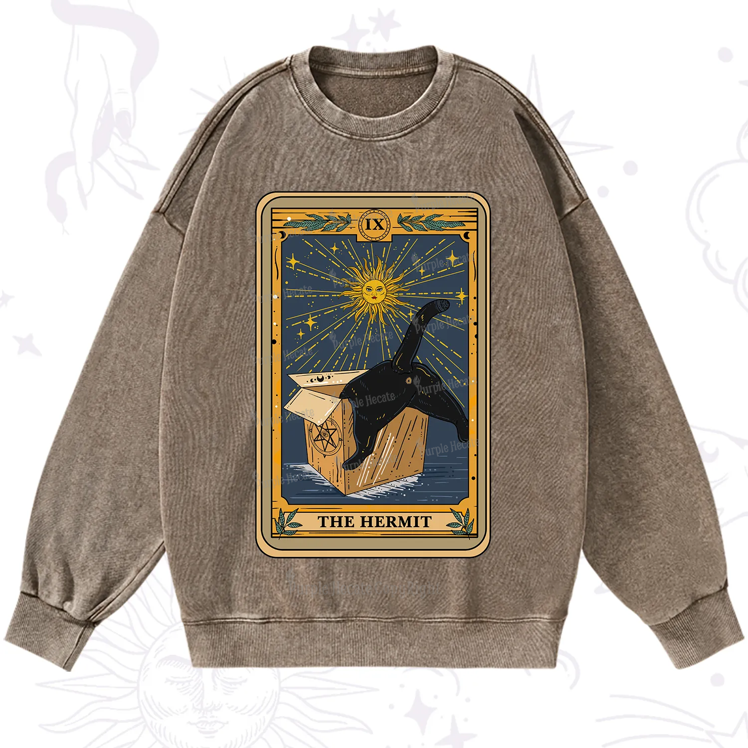 Purplehecate The Cardboard Hermit Cat Tarot Washed Sweatshirt