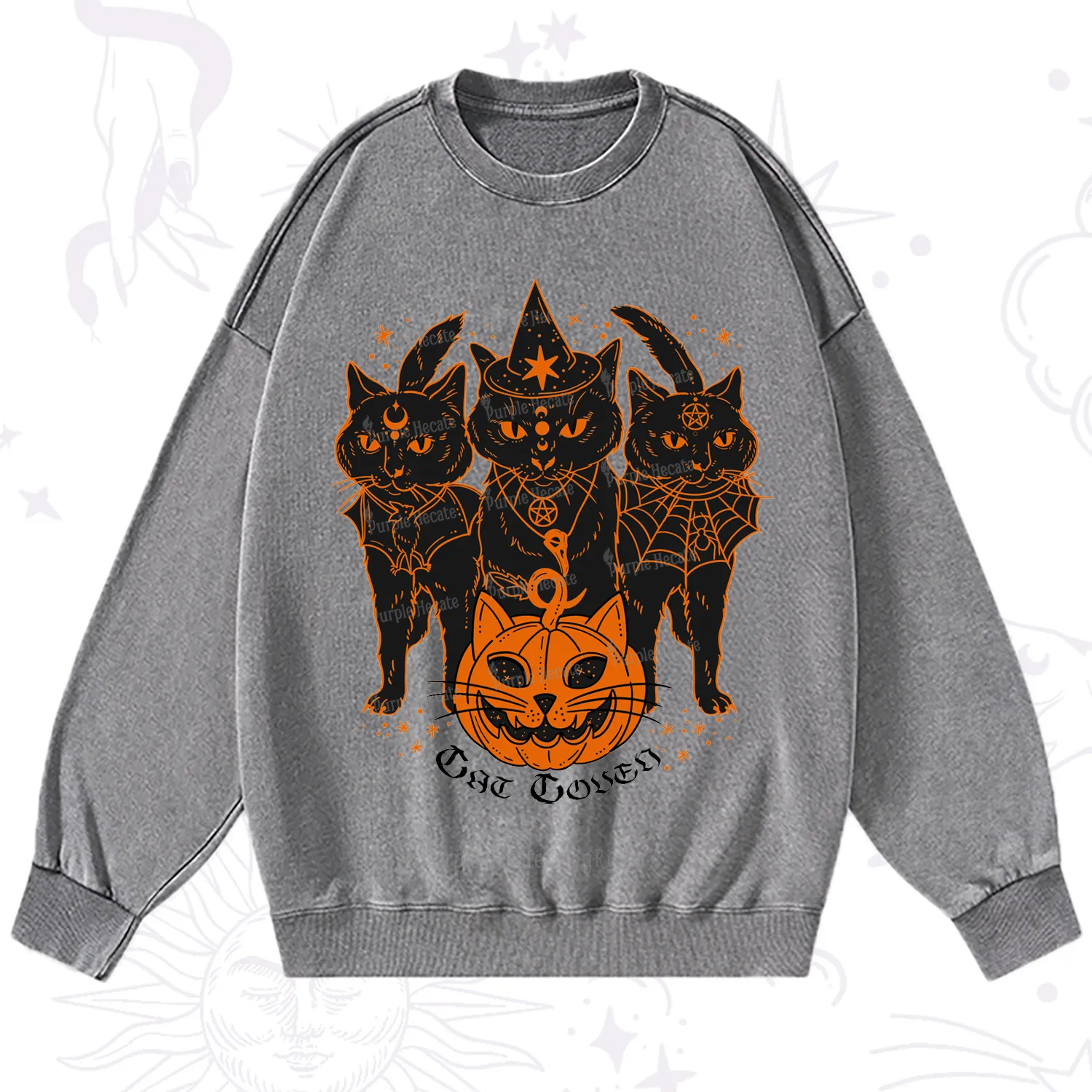 Purplehecate Pumpkin Witch Cat Coven Halloween Washed Sweatshirt