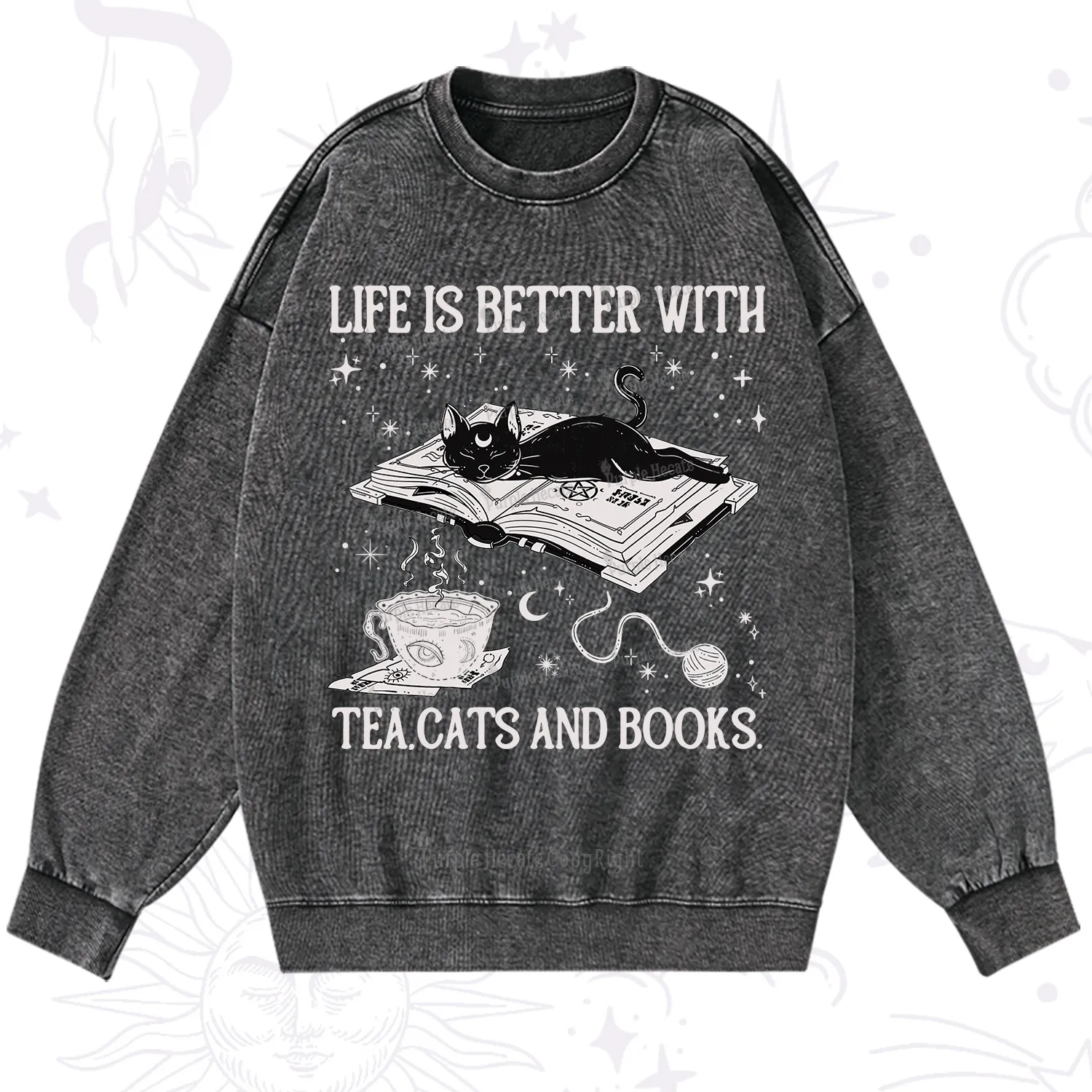Purplehecate Life Is Better With Cats And Books Washed Sweatshirt