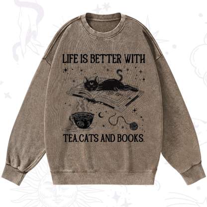 Purplehecate Life Is Better With Cats And Books Washed Sweatshirt