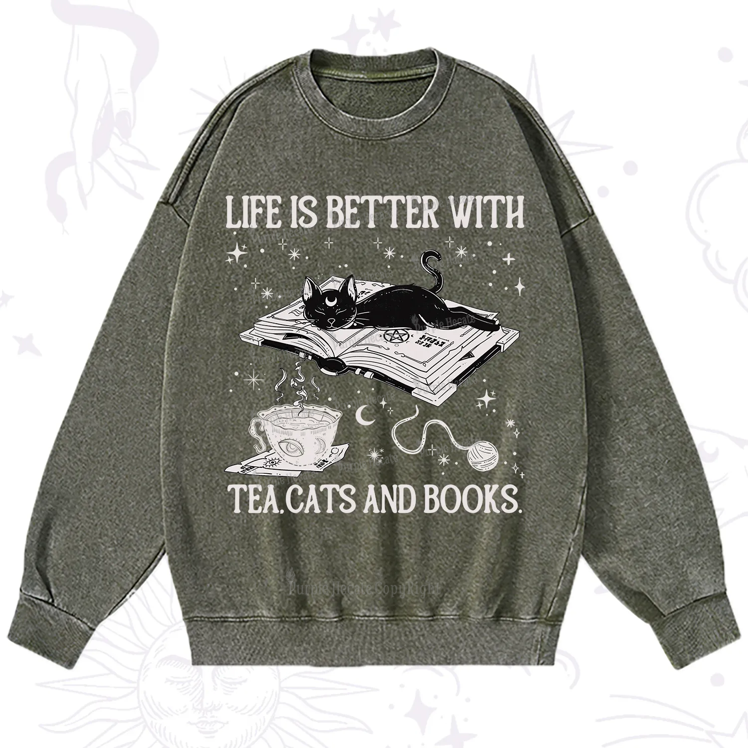 Purplehecate Life Is Better With Cats And Books Washed Sweatshirt