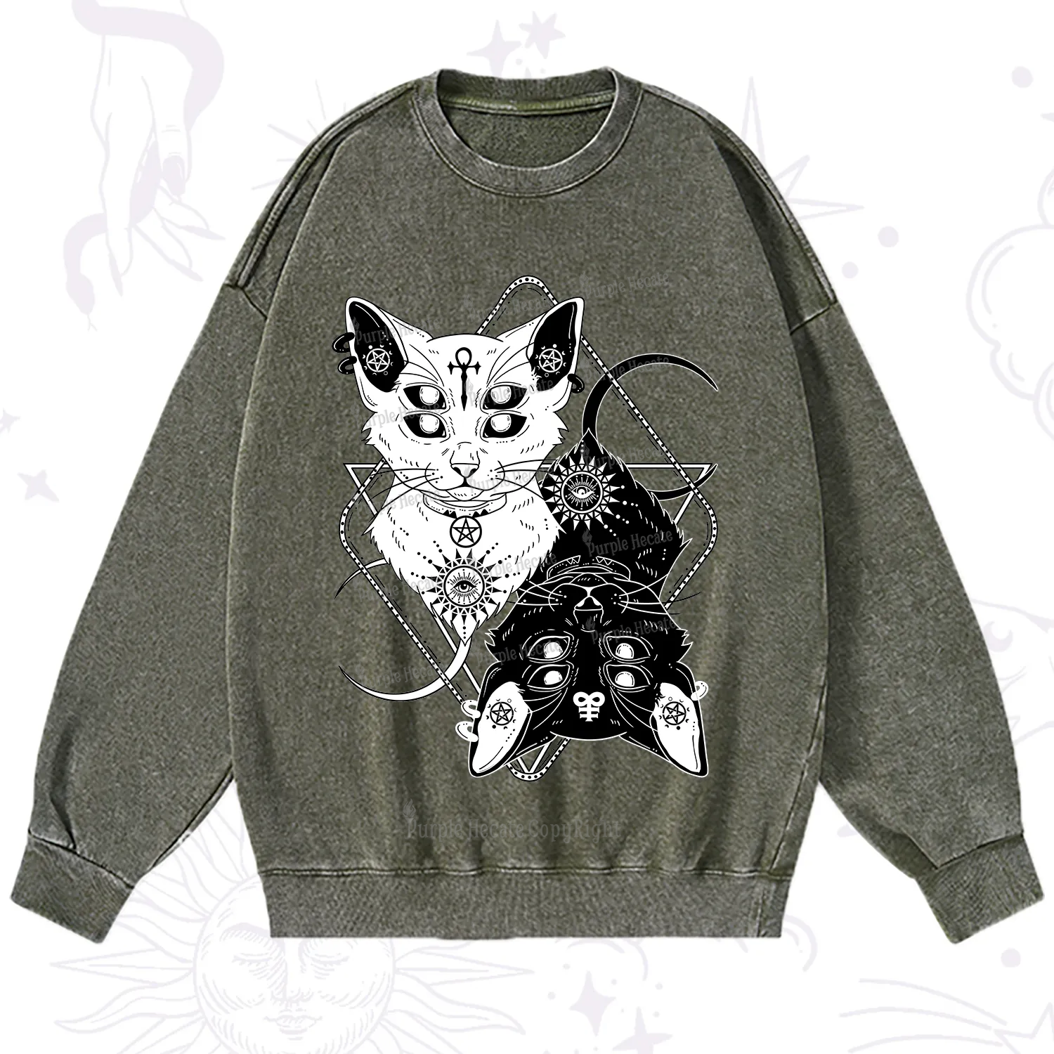 Purplehecate Occult Mirror Cats Washed Sweatshirt