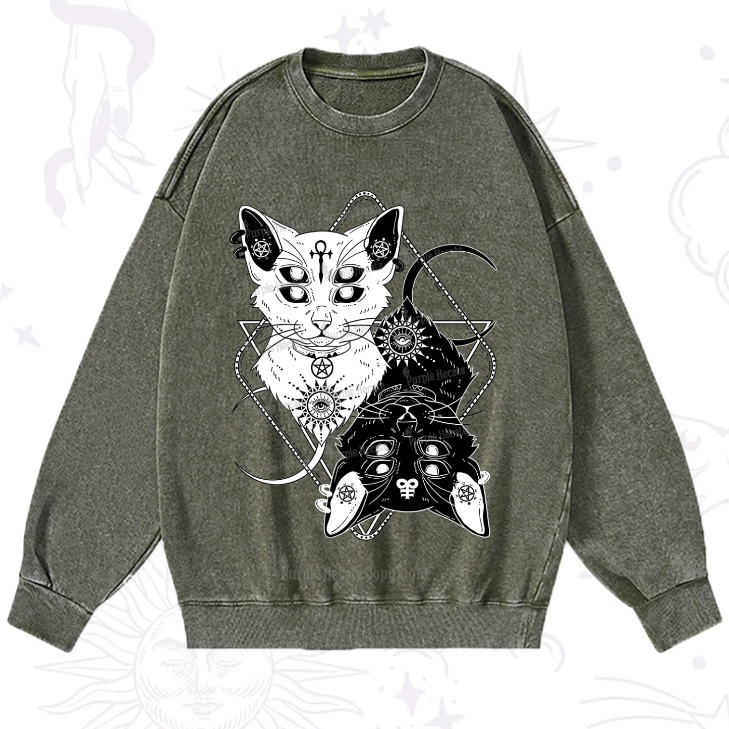Purplehecate Occult Mirror Cats Washed Sweatshirt