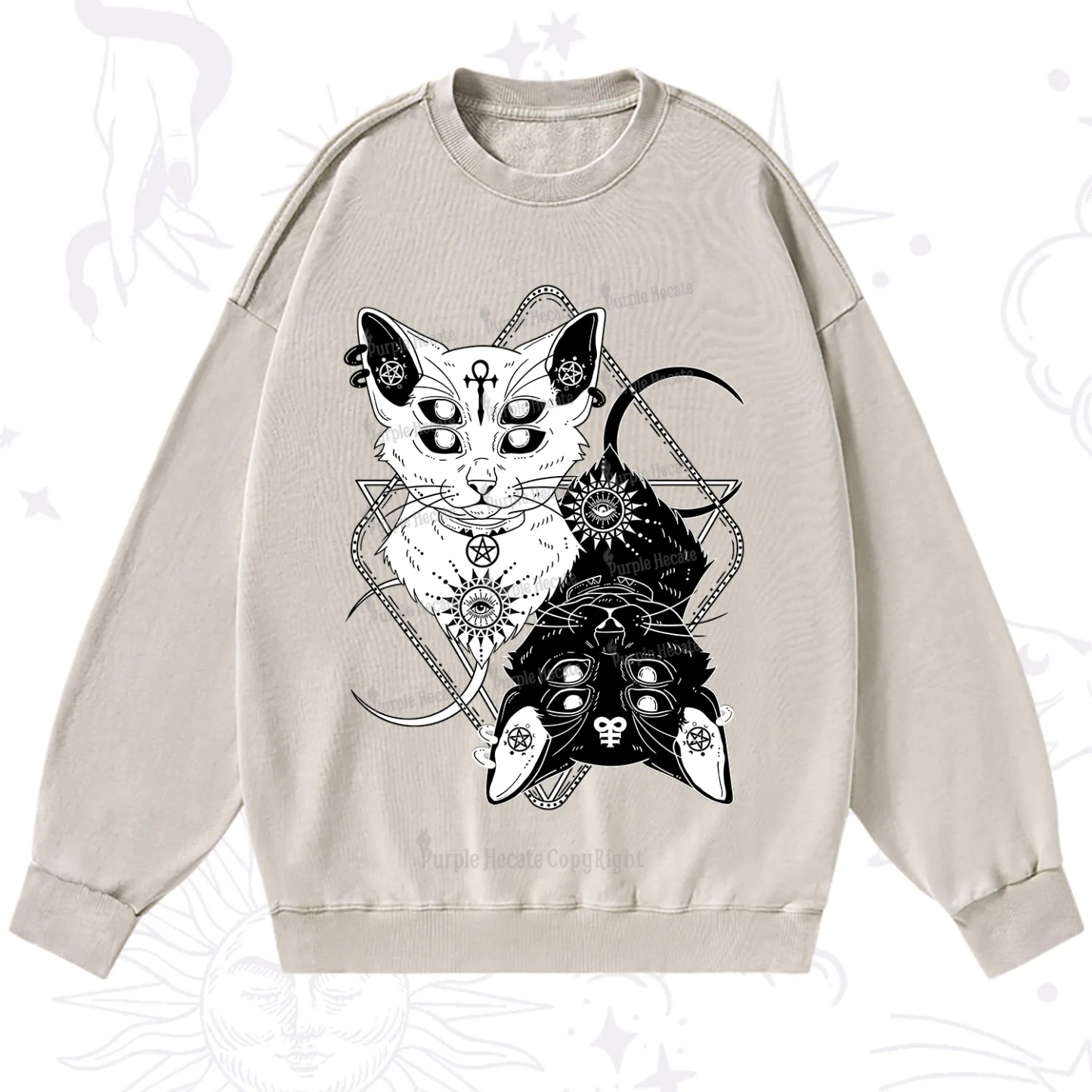 Purplehecate Occult Mirror Cats Washed Sweatshirt