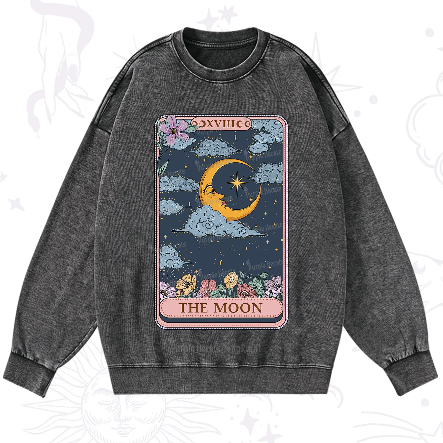 Purplehecate The Moon Tarot Card Washed Sweatshirt