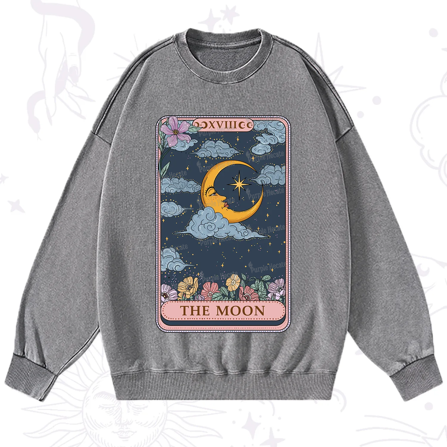 Purplehecate The Moon Tarot Card Washed Sweatshirt
