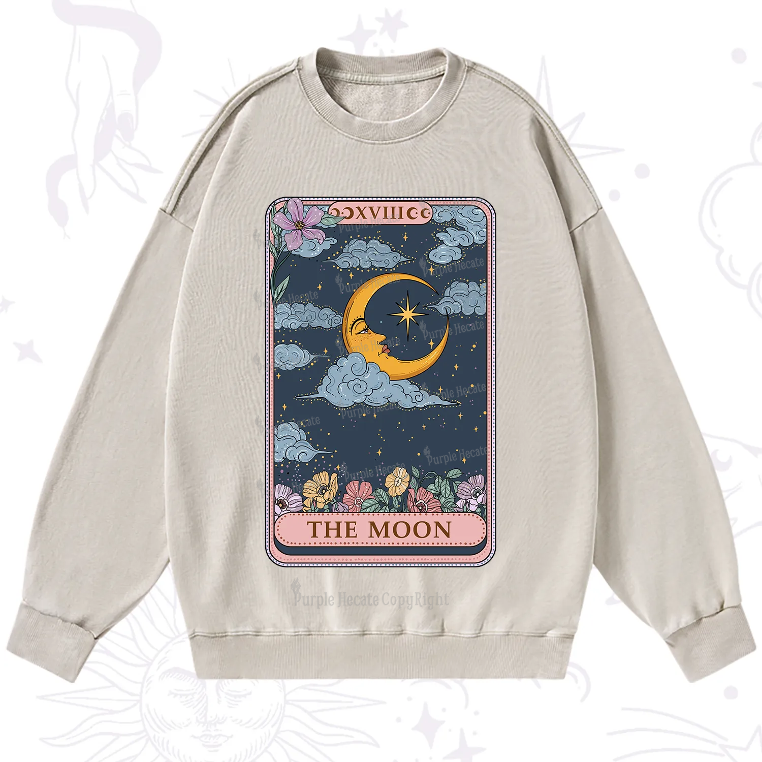 Purplehecate The Moon Tarot Card Washed Sweatshirt