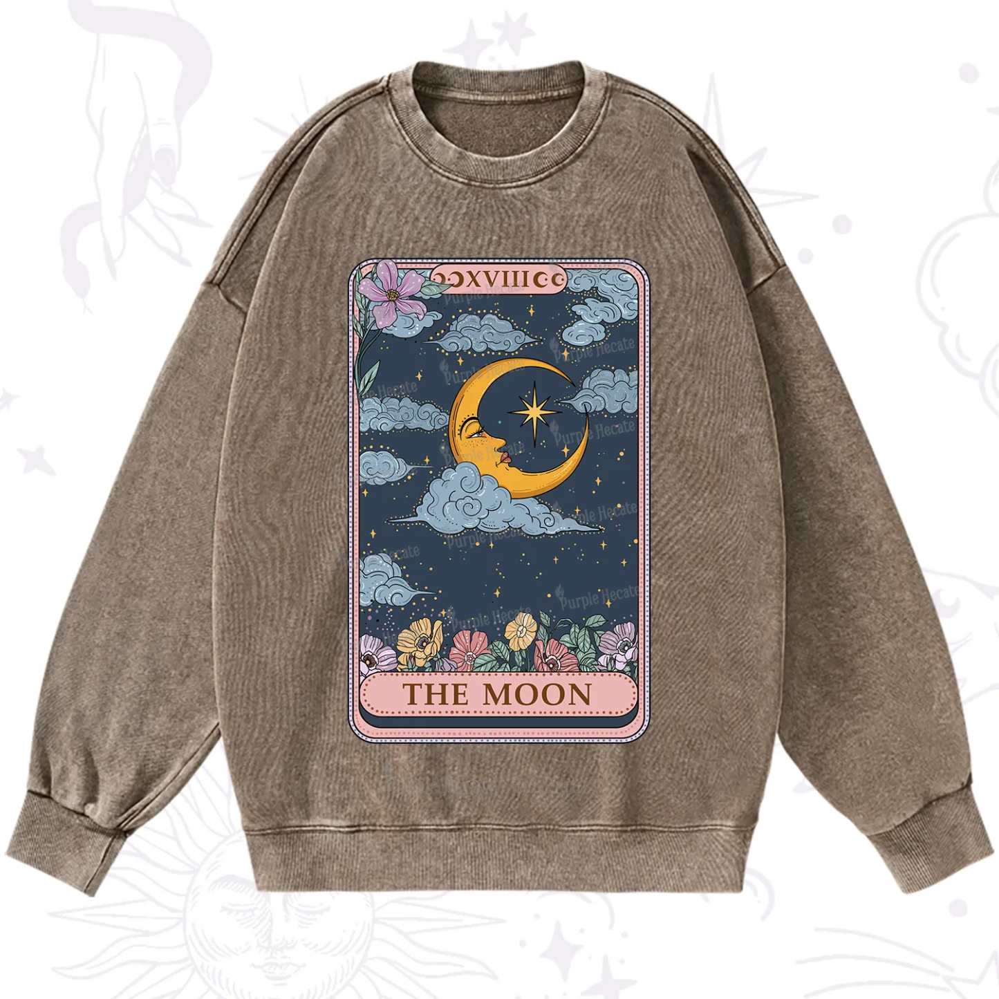 Purplehecate The Moon Tarot Card Washed Sweatshirt