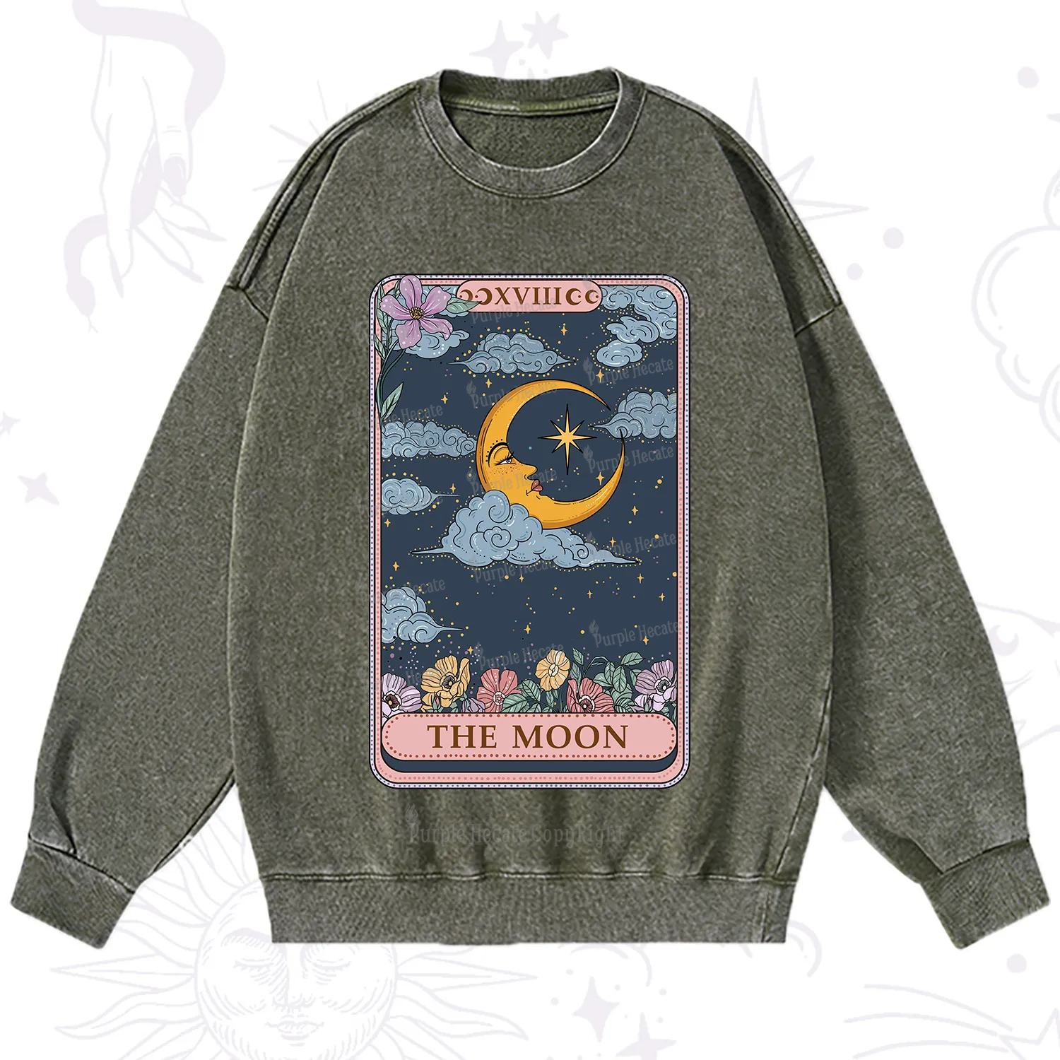 Purplehecate The Moon Tarot Card Washed Sweatshirt