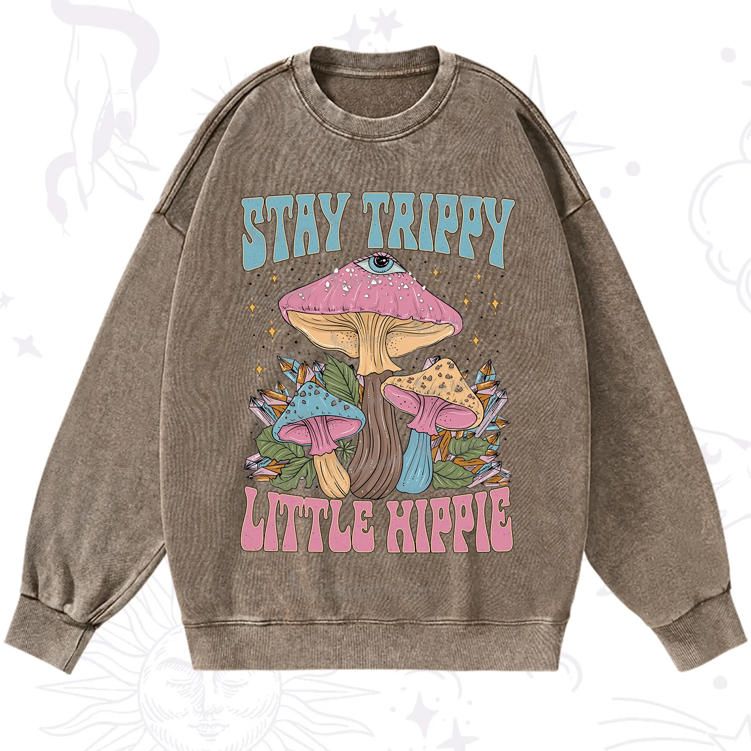 Purplehecate Stay Trippy Little Hippie Mushroom Washed Sweatshirt