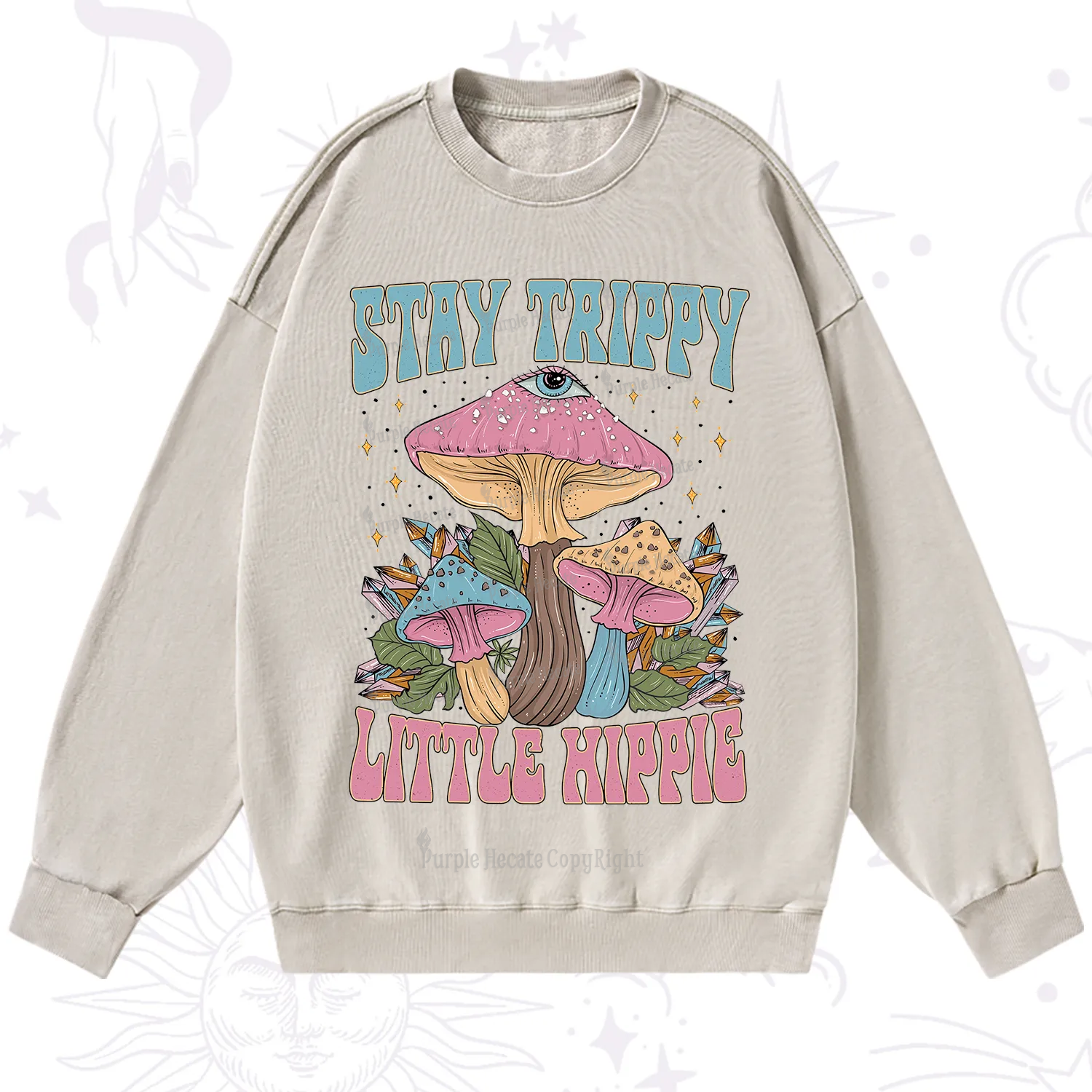 Purplehecate Stay Trippy Little Hippie Mushroom Washed Sweatshirt