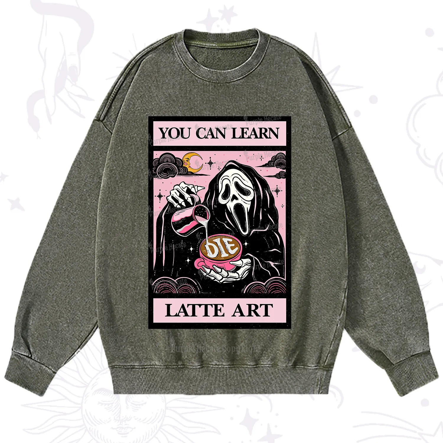 Purplehecate The You Can Learn Latte Art Oracle Card Washed Sweatshirt
