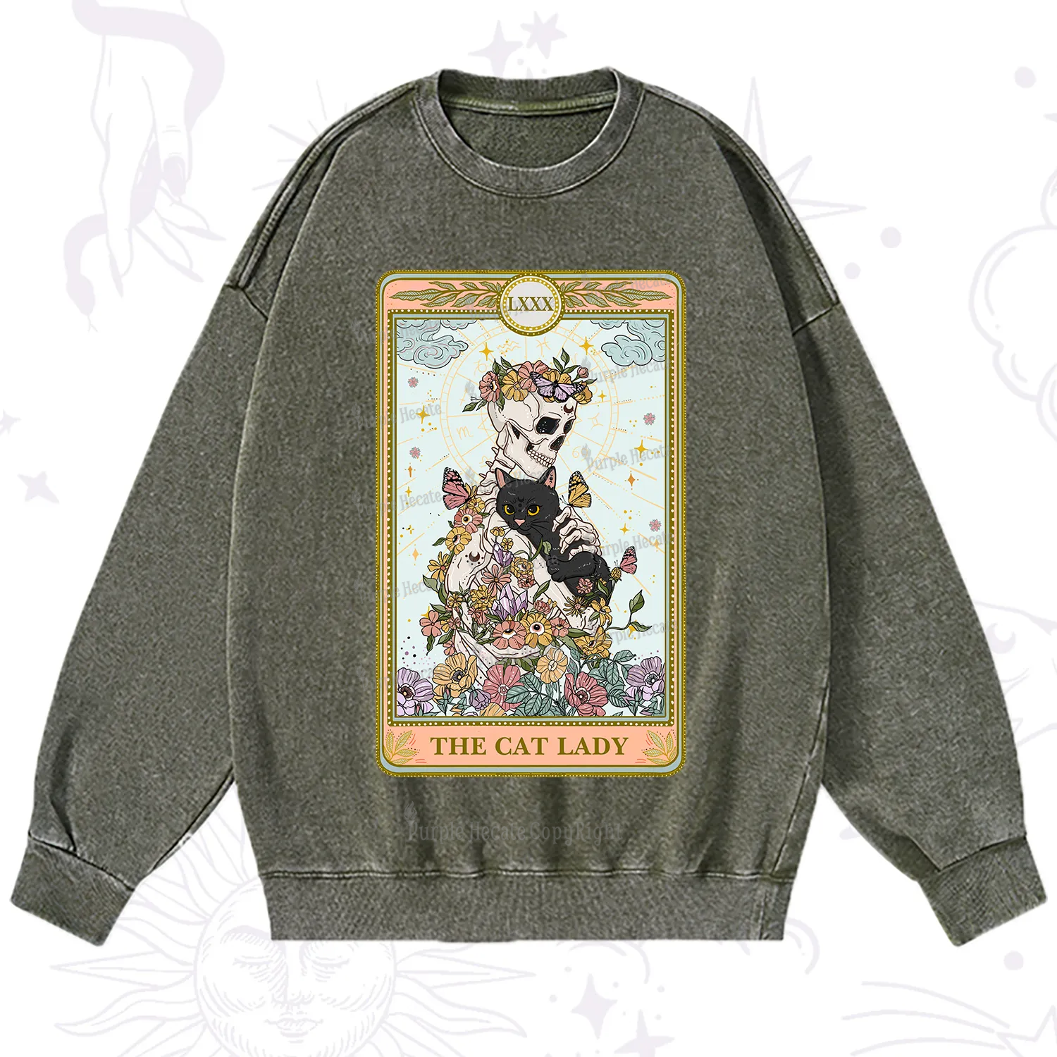Purplehecate The Cat Lady Skeleton Tarot Washed Sweatshirt