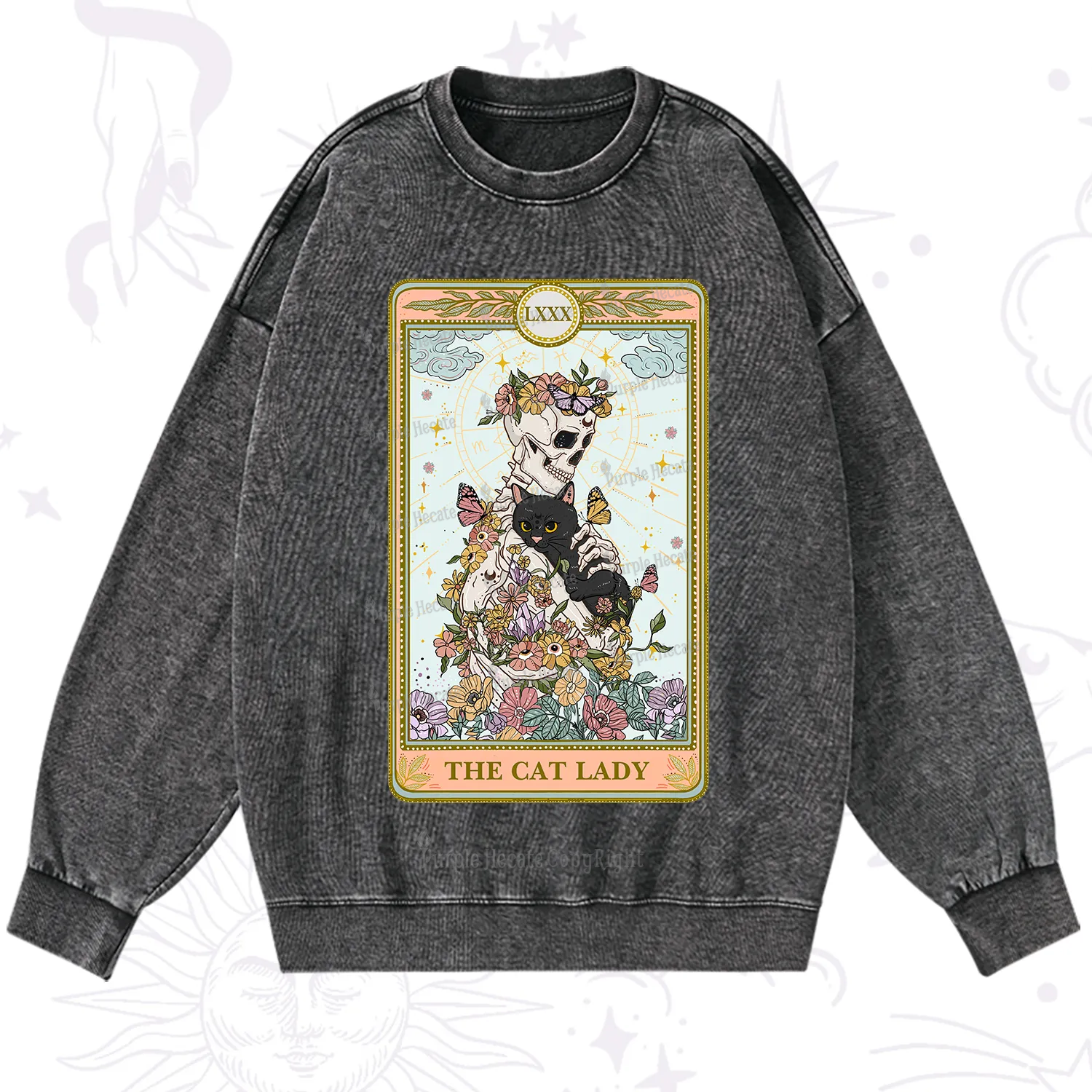 Purplehecate The Cat Lady Skeleton Tarot Washed Sweatshirt