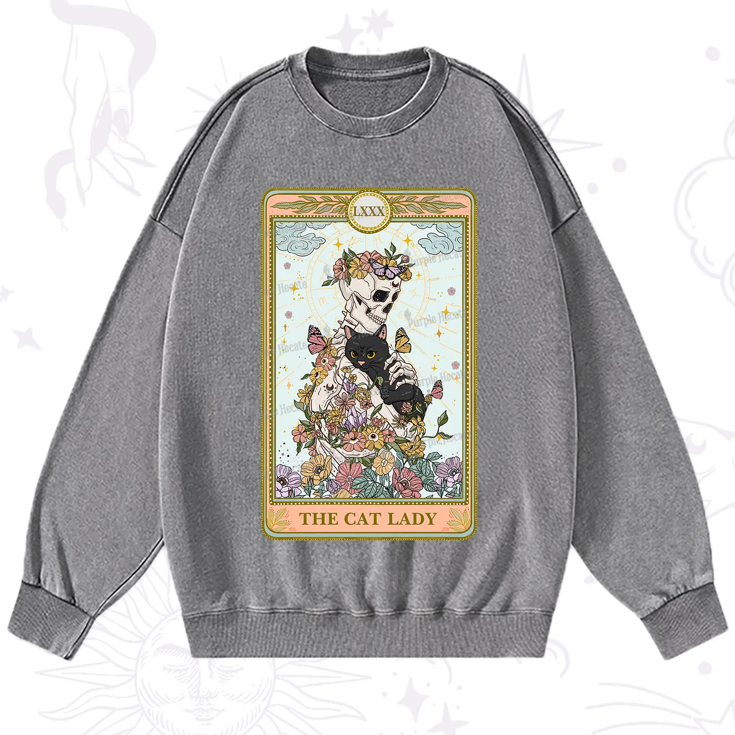 Purplehecate The Cat Lady Skeleton Tarot Washed Sweatshirt