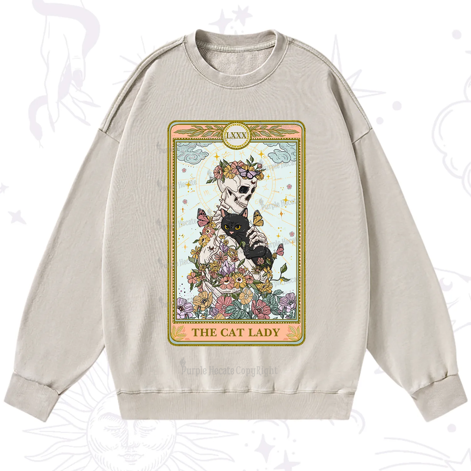 Purplehecate The Cat Lady Skeleton Tarot Washed Sweatshirt