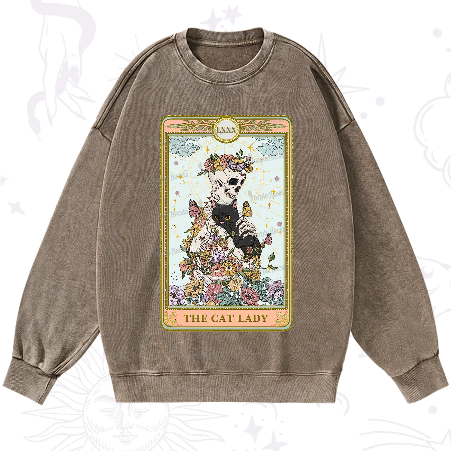 Purplehecate The Cat Lady Skeleton Tarot Washed Sweatshirt