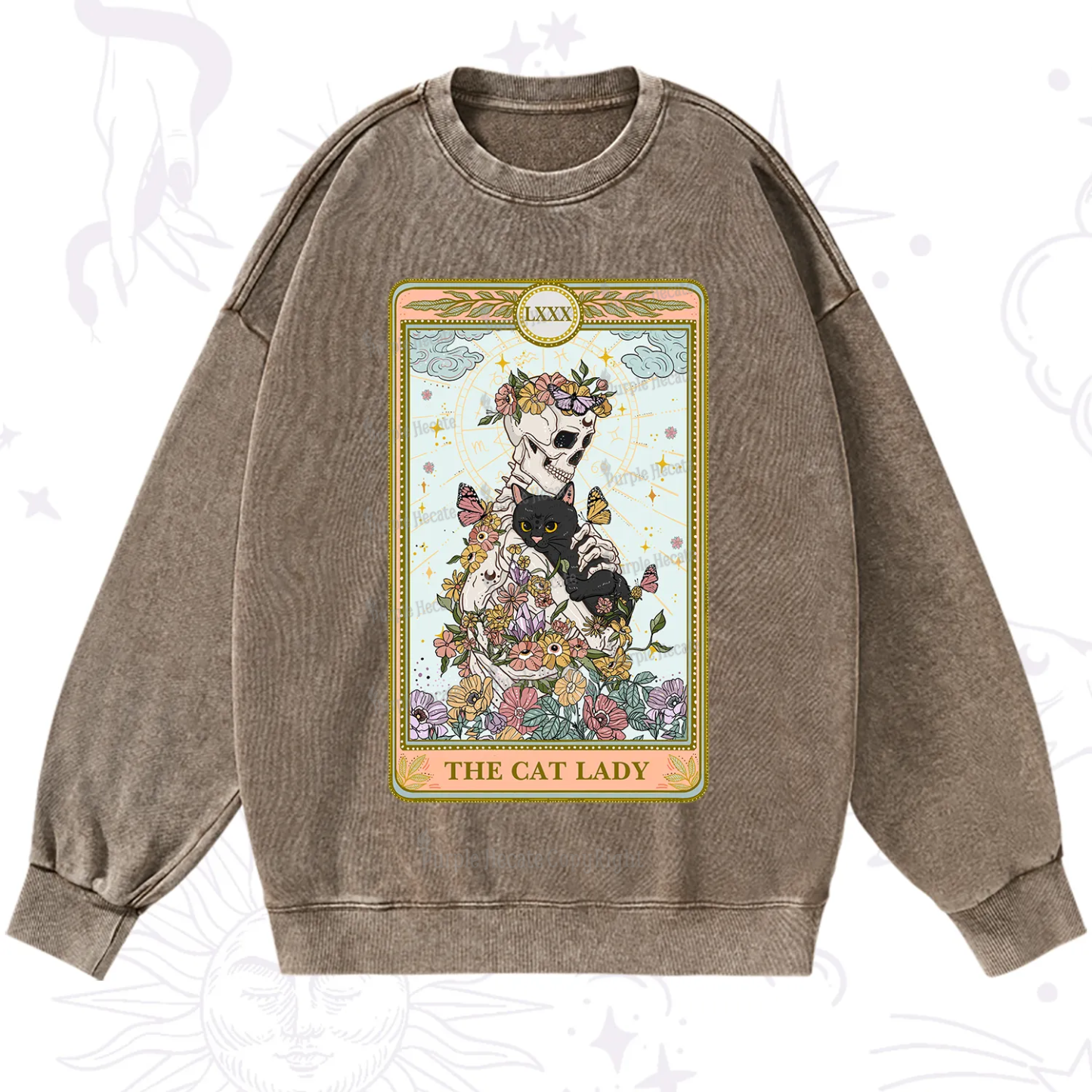 Purplehecate The Cat Lady Skeleton Tarot Washed Sweatshirt
