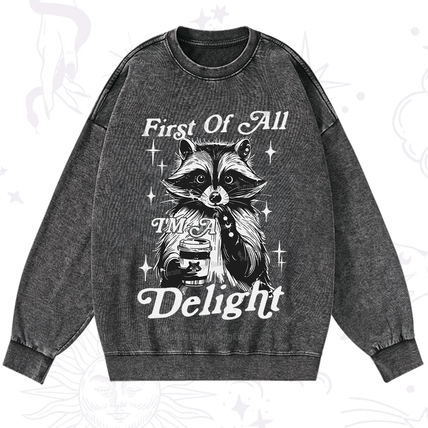 Purplehecate First Of All I'm A Delightful Funny Raccoon Washed Sweatshirt