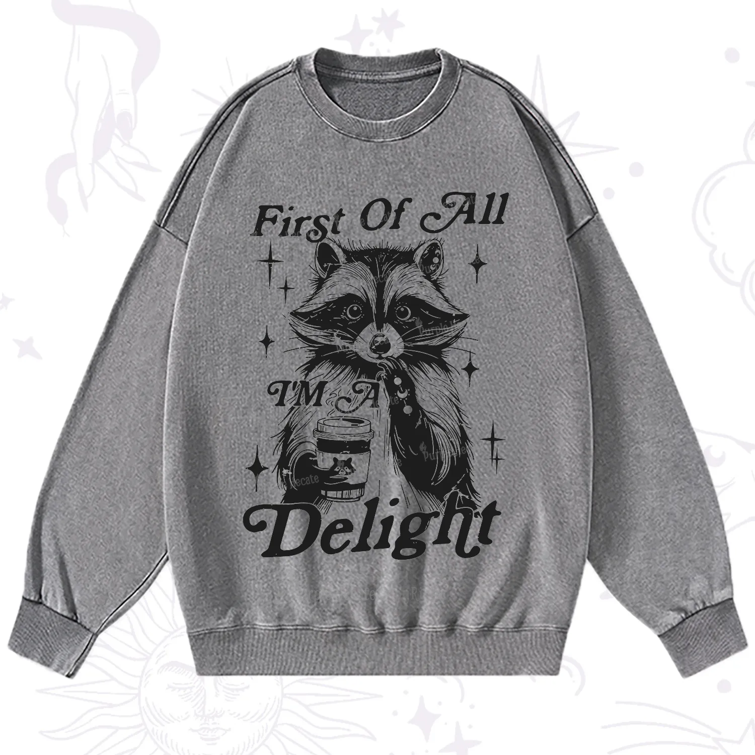 Purplehecate First Of All I'm A Delightful Funny Raccoon Washed Sweatshirt