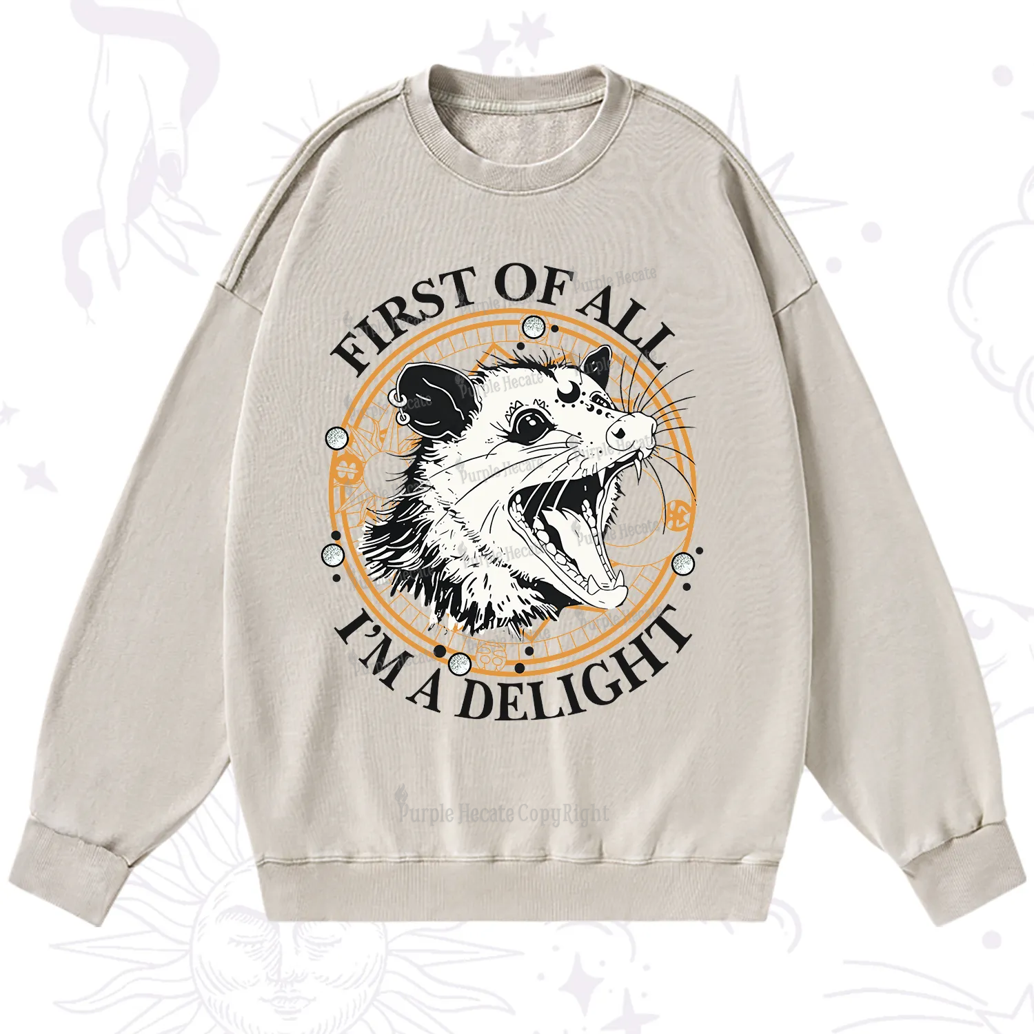 Purplehecate First Of All I Am A Delightful Angry Opossum Washed Sweatshirt